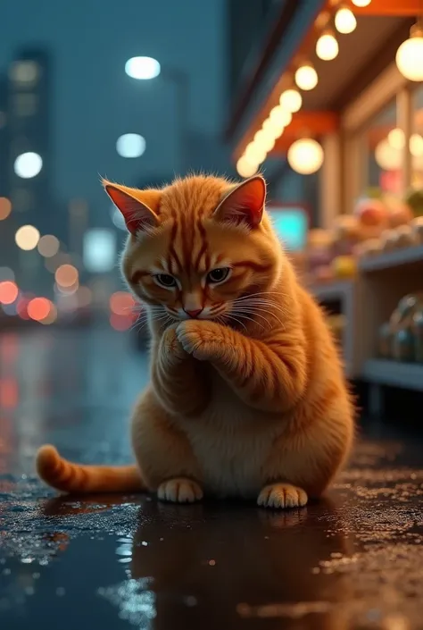 Photorealism 1.3 .orange cat sit and licking feet  wet surround floor night city in front of grocery store