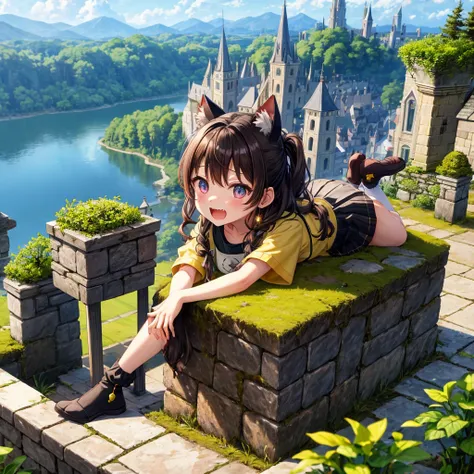 Rainbow brown hair、Rainbow Eyes、Wavy Hair、Hair tied up、Two cute、Checked mini skirt、Black T-shirt、Cat ear hood、Black knee-high socks、Teeth are visible、Monster Castle、Tilting face、lawn、In front of the city gates、The stone is cracked、Uneven ground、Stone Wall、...