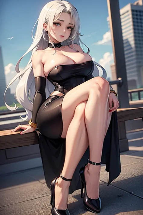 Full-body angle, cel-shaded anime style, colored manga, seed value 156378292, a single woman with straight long silver hair, wearing a dark green mini skirt suit, black heels, sharp eyes, 165cm tall, slender and curvy figure with large breasts (strongly em...