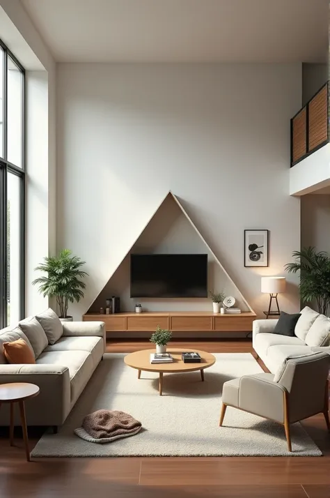 A realistic photo of a living room with a triangular television.