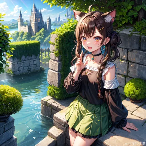 Rainbow brown hair、Rainbow Eyes、Wavy Hair、Hair tied up、Two cute、Checked mini skirt、Black T-shirt、Cat ear hood、Black knee-high socks、Teeth are visible、Monster Castle、Tilting face、lawn、In front of the city gates、The stone is cracked、Uneven ground、Stone Wall、...