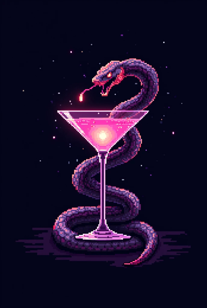 Create a logo for a bartending company featuring a snake climbing up a martini glass in pixel art style.

Make a drop of the snake&#39;s venom fall into the cup.

Make everything with neon lights

