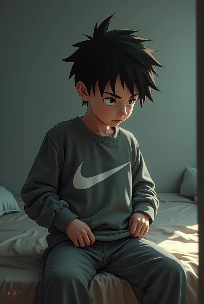 A  boy. His hair his a small wing style. He is sitting on the edge of a bed with a Nike sweatshirt, and sweat pants on. He in slowly pulling down his pants