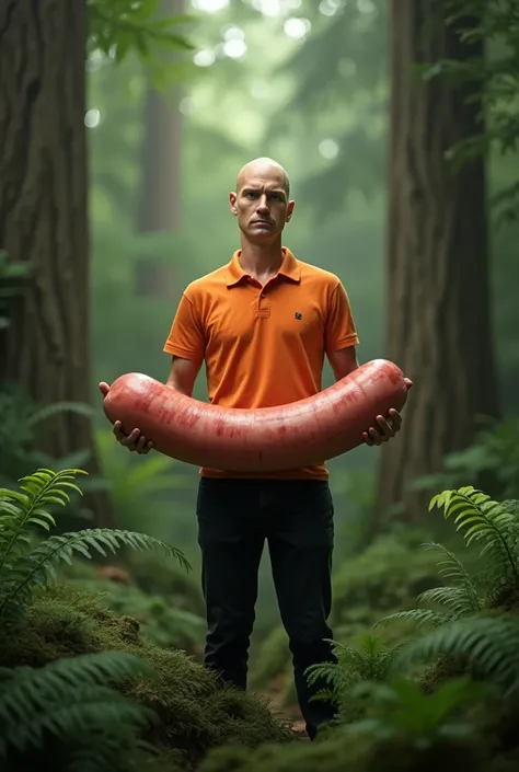 A thin bald white man in an orange polo shirt and black pants holding a log-sized sausage in the forest