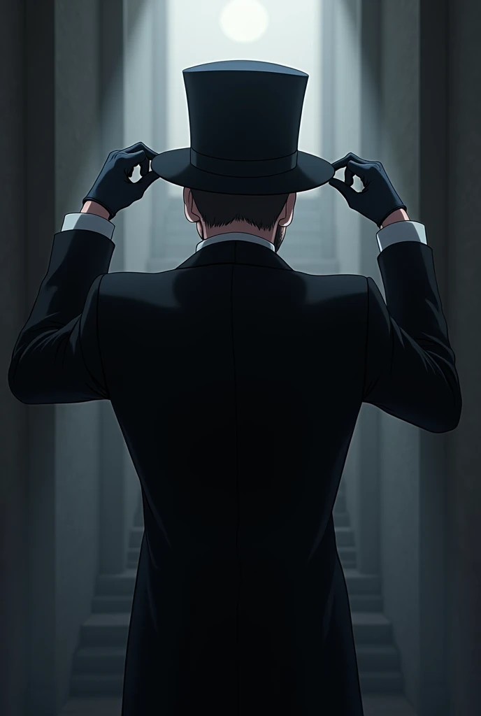 Top Hat　Body facing backwards　male　Above ground　Formal Wear　Dark　anime　Holding a hat brim　The face is looking at me