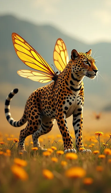 Design a striking hybrid creature that combines the features of a leopard and a bee. The body should have the sleek, muscular shape of a leopard, with its signature golden fur and black spots, but integrate elements of a bee with black-and-yellow striped p...