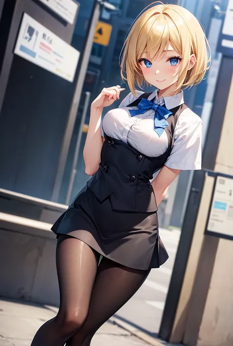 Anime style, super fine illustration, highly detailed, beautiful detailed, perfect detailed, super high quality image, static representation, gentle expression, happy expression, the pretty image, 8k, pretty 1girl with blonde straight short hair & blue eye...