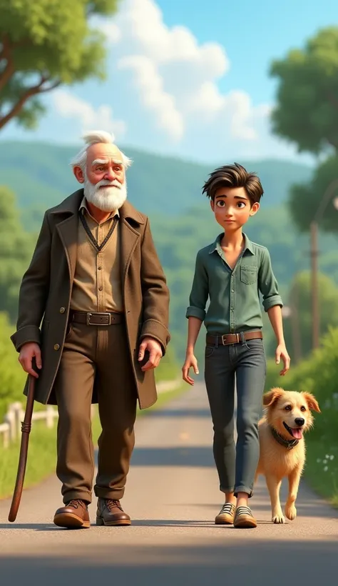 A old man with dog walking 20 years old boy walking on the road 3d animation, wear attractive clothes pants shirts, good figure,3d animation 