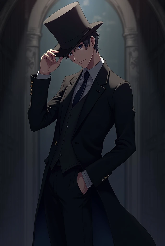 Top Hat　Body sideways　male　Above ground　Formal Wear　Dark　anime　Holding a hat brim　The face is facing this way