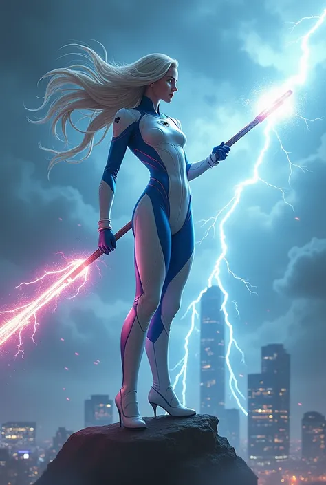 "Design a realistic, highly detailed image of Nami as a superhero with a powerful weather-manipulating staff. She wears a sleek, white and blue armored suit with glowing lightning details, designed to control the atmosphere. Her staff is futuristic, emitti...