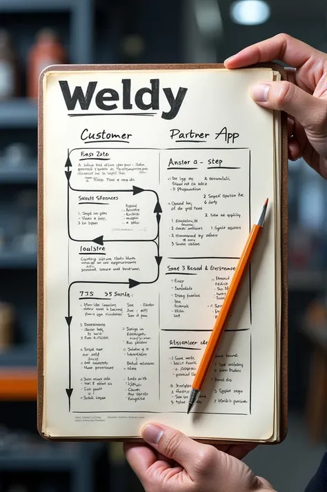 Create a professional poster design for an app called "Weldy" that connects customers with welding services. The poster should include a detailed section with a photographed notebook page featuring handwritten notes outlining the flow of two applications: ...