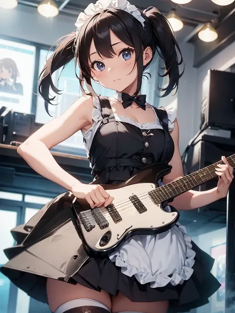 A girl is wearing a maid outfit and playing an electric guitar