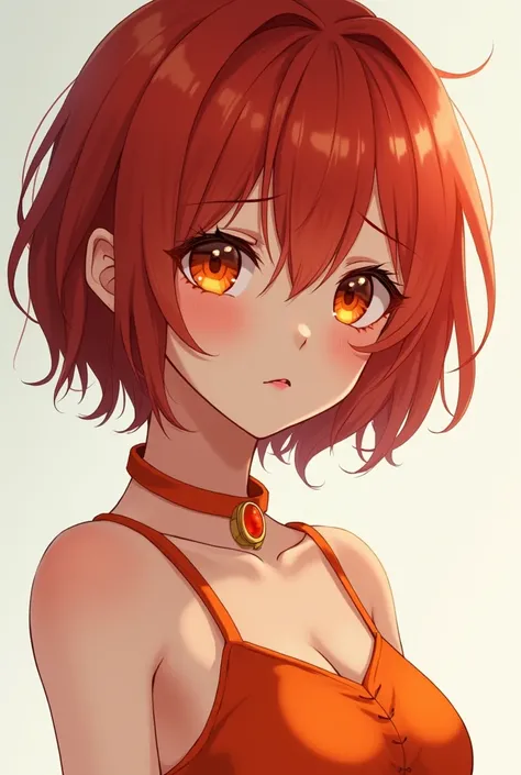 A beautiful  realistic anime  girl.  She has short red hair that cover her left eye . She has orange eyes.  She is wearing an orange necklace.  She is wearing a zero arm orange dress . She looks sad . She has orange juicy lips.  