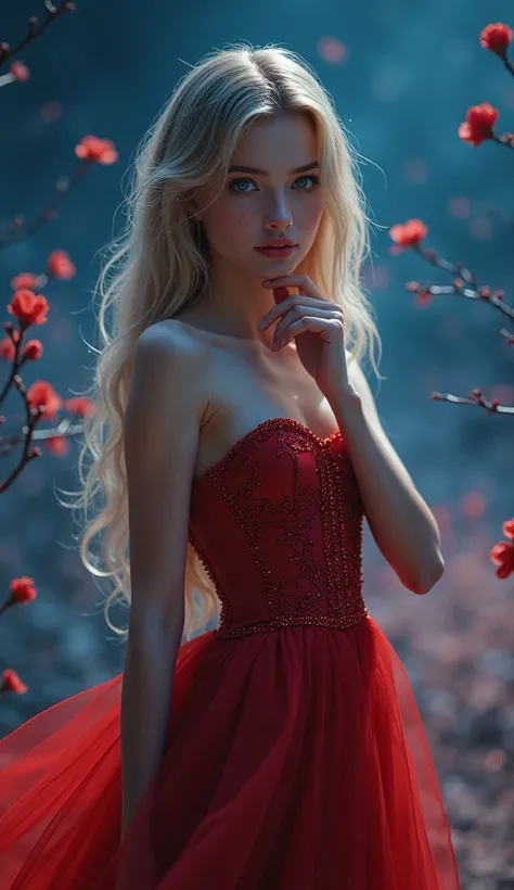 a beautiful young woman gently touches her lips with her finger with bright blue eyes, golden hair, slightly parted lips, tears in her eyes, full body view, at night, blue background, many cherry blossoms, melancholic, mystical, fantasy, light, long sparkl...