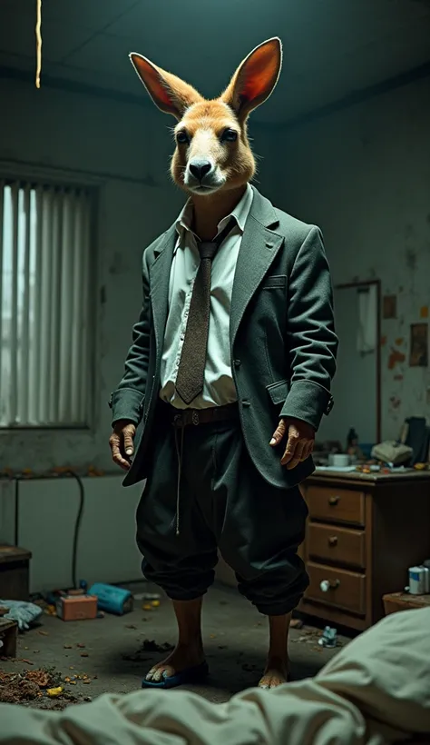 
Anthropomorphic kangaroo, 6 feet tall, muscular build, wearing ill-fitting human clothes (wrinkled white shirt, tight necktie, oversized suit jacket, and baggy trousers). Fur is a muted reddish-brown. Expressive face with large, emotive eyes.
Movie Style ...