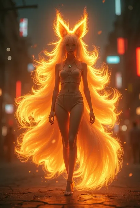 ((Best Quality, 8K, Masterpiece: 1.3)), 1girl, Fox-looking Slim with 9 syrups and with a burning golden on a dark night with a Japanese city with ambient lights and a gloomy lighting focus on the girl and with lus and shadow effects caused by the illuminat...