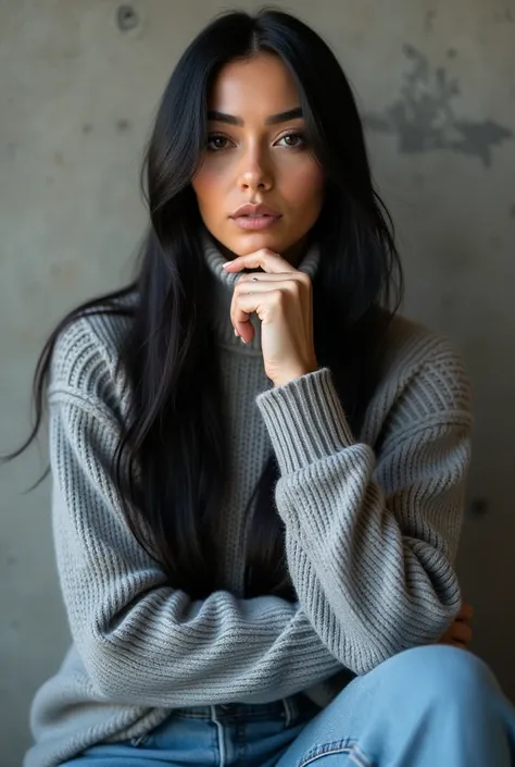 Best Quality, 1 Beautiful Woman, 2, S, 35mm Lens,, Cowboy Shot, Concrete Background、Mortar style background、Grey turtleneck thick waffle knitwear、Mortar wall,From below、Straight Hair、Straight Hair、Shiny Hair,Smooth Hair、Black Hair Color、Denim pants、hand on...