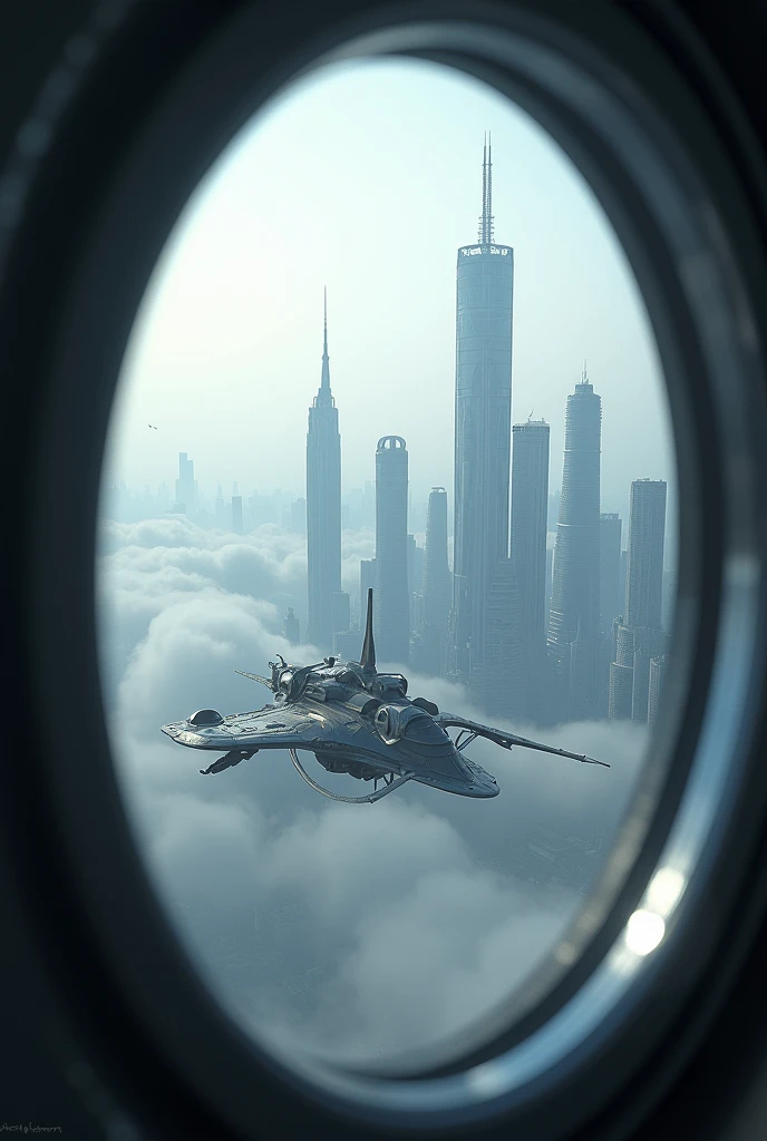 Future city seen from a spaceship window:1.5,fog,port,Flying Spaceship,Skyscraper,masterpiece,Highest quality,Ultra-high resolution,(Very detailed:1.2),8k,Realistic,Best aesthetics,beautiful