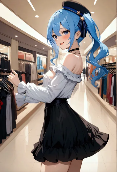 NSFW,masterpiece,Best Quality,High resolution,Very detailed,One girl,Star Town Suisei(Hololive),blue eyes,Blue Hair,Choker,Hair between the eyes,Medium Hair,Side Ponytail,スターChoker,Small breasts,Frilled shirt,Off the shoulder,Flared Skirt,Heeled Sandals,ha...