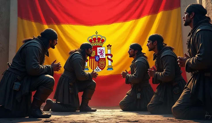 A Scottish Pirates group kneeling with folded hands infront of spain flag and Government 