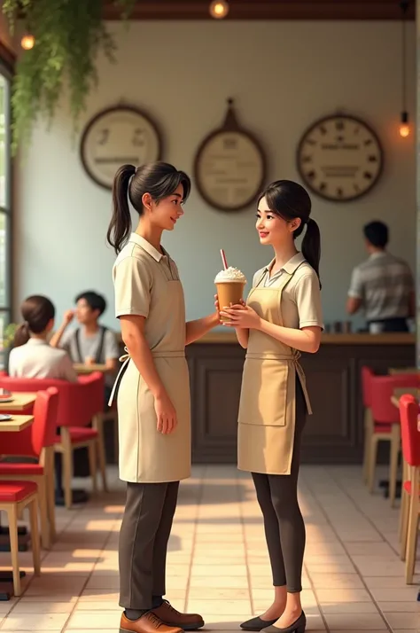 Handsome boy standing in a country road. He is wearing a beige uniform with a white apron and has long dark hair tied up in a ponytail. The woman is holding a cup of iced coffee with a straw in her hand and is smiling at the camera. Behind her, there are t...