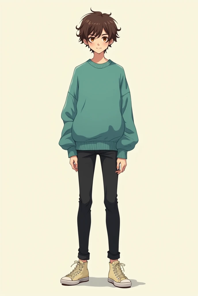 ,
Male,
59, small, skinny, slim and lanky,
Looks feminine,
Has short curly brunette hair,
Wears an oversized teal sweater with black skinny jeans and creme converses,
Has hazel eyes,

Anime style