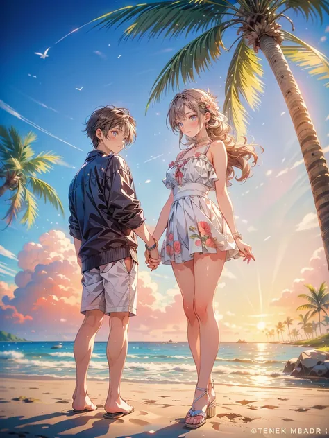 Beautiful young couple enjoying romance on the beach。They are both wearing short clothes。The woman has big hips。Its dusk。There is a palm tree nearby。A bird&#39;s-eye view、Aerial view、composition