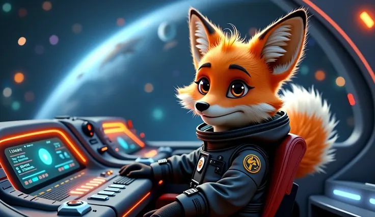  An adorable, anthropomorphic orange fox with large, expressive brown eyes and fluffy fur, is seated at the controls. He has a cheerful and curious expression with a small black nose and a gentle smile. Sam is wearing a black astronaut suit that is high-te...