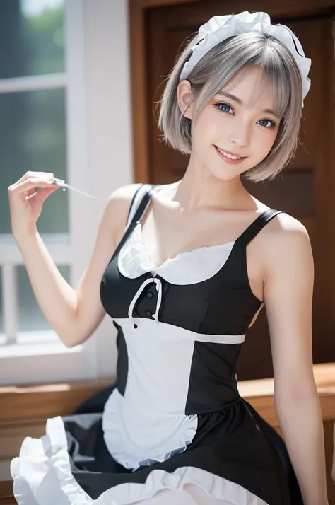 (sit,Thin thighs:1.0),(One Woman:2.0),(A beautiful 2 with short silver hair:1.5), Radiant, clear skin, Attractive large bright blue eyes and well-proportioned facial features, Droopy eyes、(Wearing a stylish black and white maid outfit:1.5), Bright happy sm...