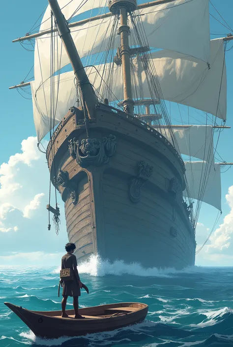 The Large Ship: In the background, feature a massive, detailed ship, towering over the water. This ship should reflect both anime and sketch-like qualities. The structure should be clean and angular, with sharp lines typical of anime, but also include roug...