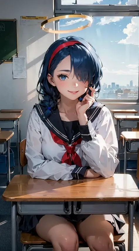 a woman sitting in a classroom giving a finger to the screen showing the classroom environment, 1girl, arona (blue archive), solo, blue eyes, hair over one eye, desk, smile, braid, school desk, blue hair, school uniform, indoors, looking at viewer, sailor ...