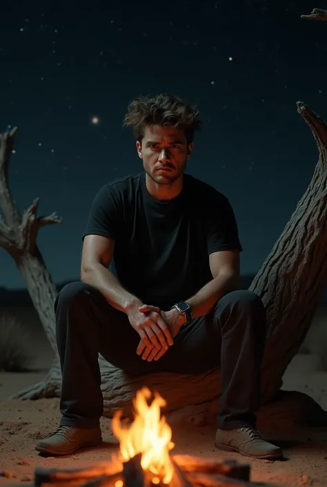 5 Corey Haim wearing a black T-shirt black pants sitting in the Desert on a dead tree with night sky as a background with a camp fire in front facing the camera and close up 