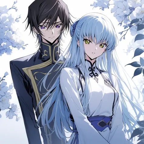 One man and one woman，Love Head，masterpiece,,The male is 1boy, male focus, lelouch vi britannia, Code Geass，The female is 1girl, c.c., Code Geass，very beautiful,Chinese Style,,Oriental Wallpaper,flower,Blue tint,Natural Light,Soft lighting，White background...