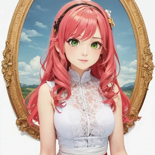 ((best quality)), ((masterpiece)), (detailed), 1girl, yellow green eyes, pink long hair, white dress