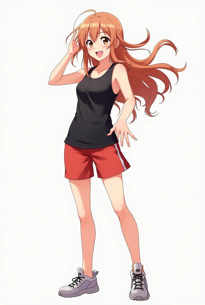 sakura hibiki, red shorts, sneakers, black tank top