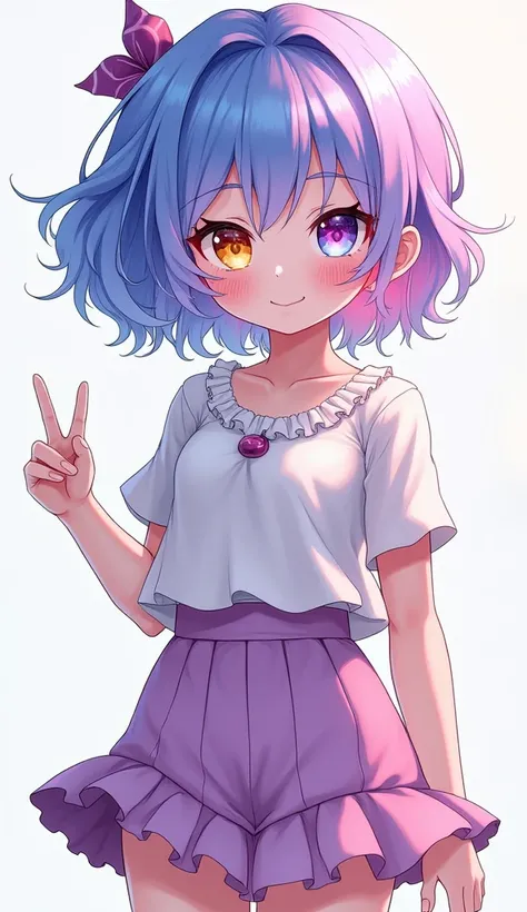 One Girl, Blue Purple Hair, chest, Her right eye is sapphire blue、The left eye is pink-yellow.,Short Sleeve Mini Skirt Cute Ruffle Fashion Character Design