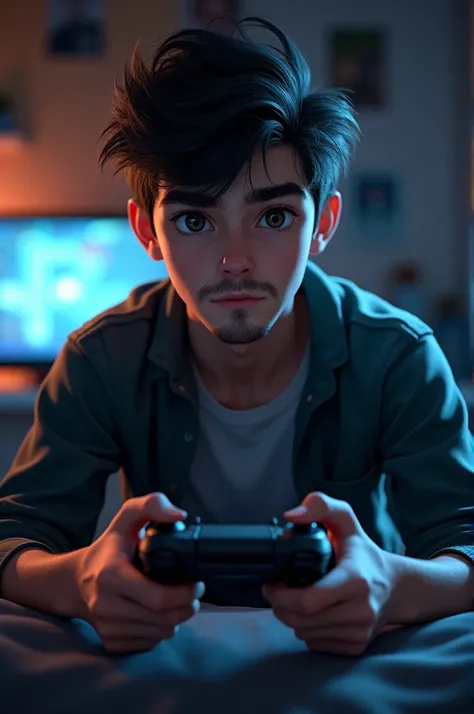 Boy with controller and Black hairs thin beard and handsome Face