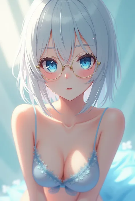 Create an image of a white-haired, blue-eyed girl with glasses dressed in anime-style light blue lingerie