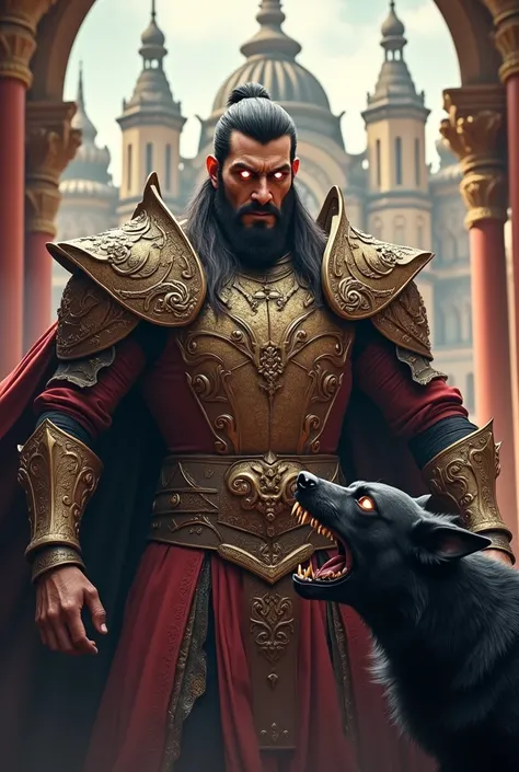 create an image of the three eyed emperor in war armor with an arrogant and imposing face and a grand and rich palace in the background,fighting with an angry black dog