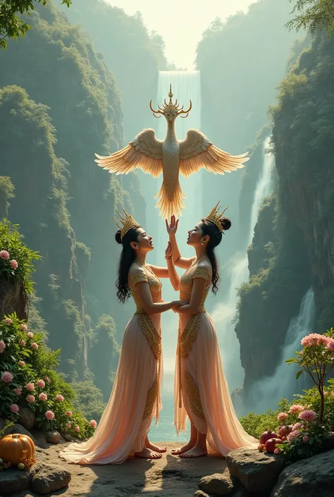 Nang Thepsarika Wanwisa and Nang Thepsarika Sri Ngam in ancient Thai costumes raise the divine sarika bird on a beautiful mountaintop with many levels of waterfalls, trees, plants, and abundant food.