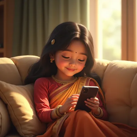 "Create a realistic image of a young Nepali girl sitting on a comfortable sofa, smiling while using her mobile phone. The scene should capture her from the front, showcasing her traditional attire and joyful expression. The sofa should be cozy and inviting...