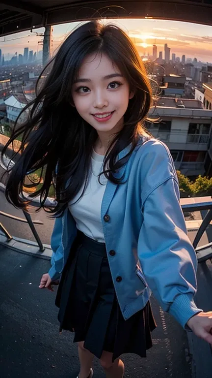 One person, Korean, Fisheye Lens, Selfie, wind, Messy Hair, sunset, Cityscape, (Aesthetics and atmosphere:1.2),smile