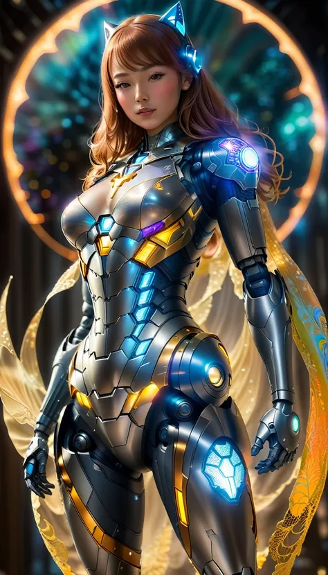 A character that is a fusion of Iron girl and Batgirl, with one half displaying the sleek, armored suit of Ironman with glowing lights and advanced technology, while the other half features the dark, tactical suit of Batman, complete with his iconic cape a...