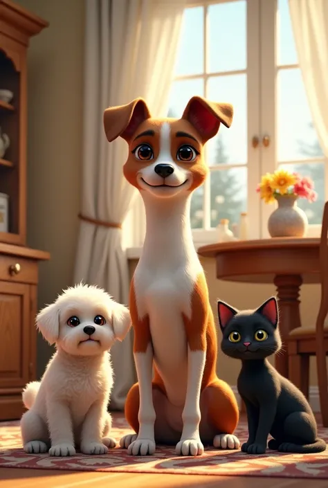 Spanish Brittany dog standing next to two Maltese Bichon dogs and two black cats sitting inside the dining room in a house.