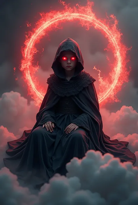 A boy sit down on cloud and wearfullblacj clothe cover whole body with head also and see the cloud and there eyes is red and in boy backboneside looking redflame looking very beautiful in animated war magical circles with black tshirt beautiful cloth very ...