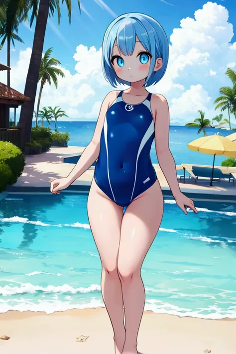 Slim girl with nice big thighs and cute blue eyes and wearing a full body swimsuit and she is .