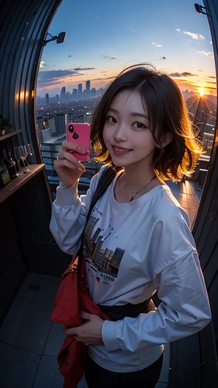 One person, Korean, Fisheye Lens, Selfie, wind, Messy Hair, sunset, Cityscape, (Aesthetics and atmosphere:1.2),smile