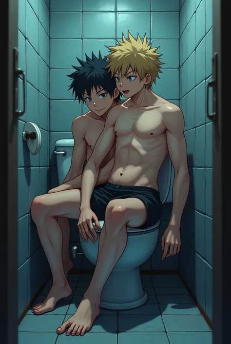 Draw a 2 anime style male characters, one sitting on the toilet while the other is sitting on the others lap, they are both pooping pleasurably inside a small bathroom in night