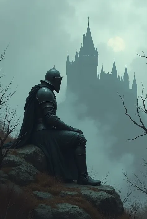 A knight sits on a stone on a hill and a castle is visible in the distance,and all this in the style of Dark fantasy 