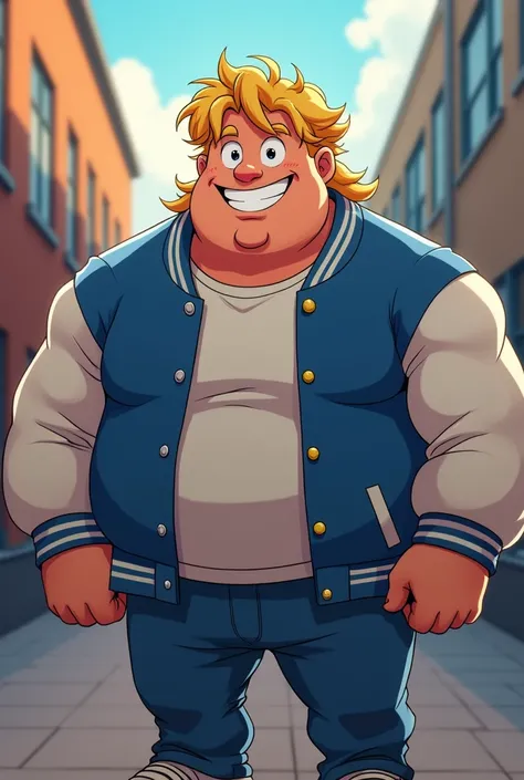  62, big, beefy and fattish.
Dirty blonde curtain hair,
Highschool jocks,
Blue letterman jacket with white sleeves,
.
Smiling,
Bisexual 

Anime style

